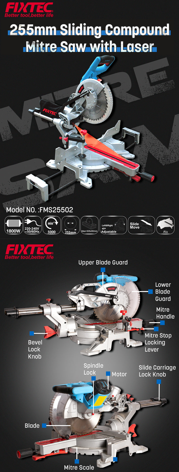 255mm Sliding Compound Mitre Saw 1800W (Laser) - Fixtec
