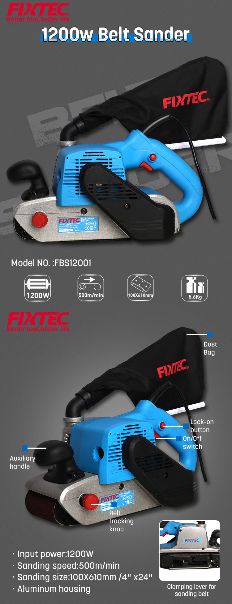 Belt Sander 1200W (100 x 610mm) - Fixtec